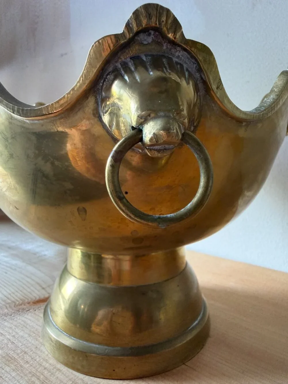 Vintage Brass Lion Head Pedestal Bowl | Scalloped Monteith Centerpiece